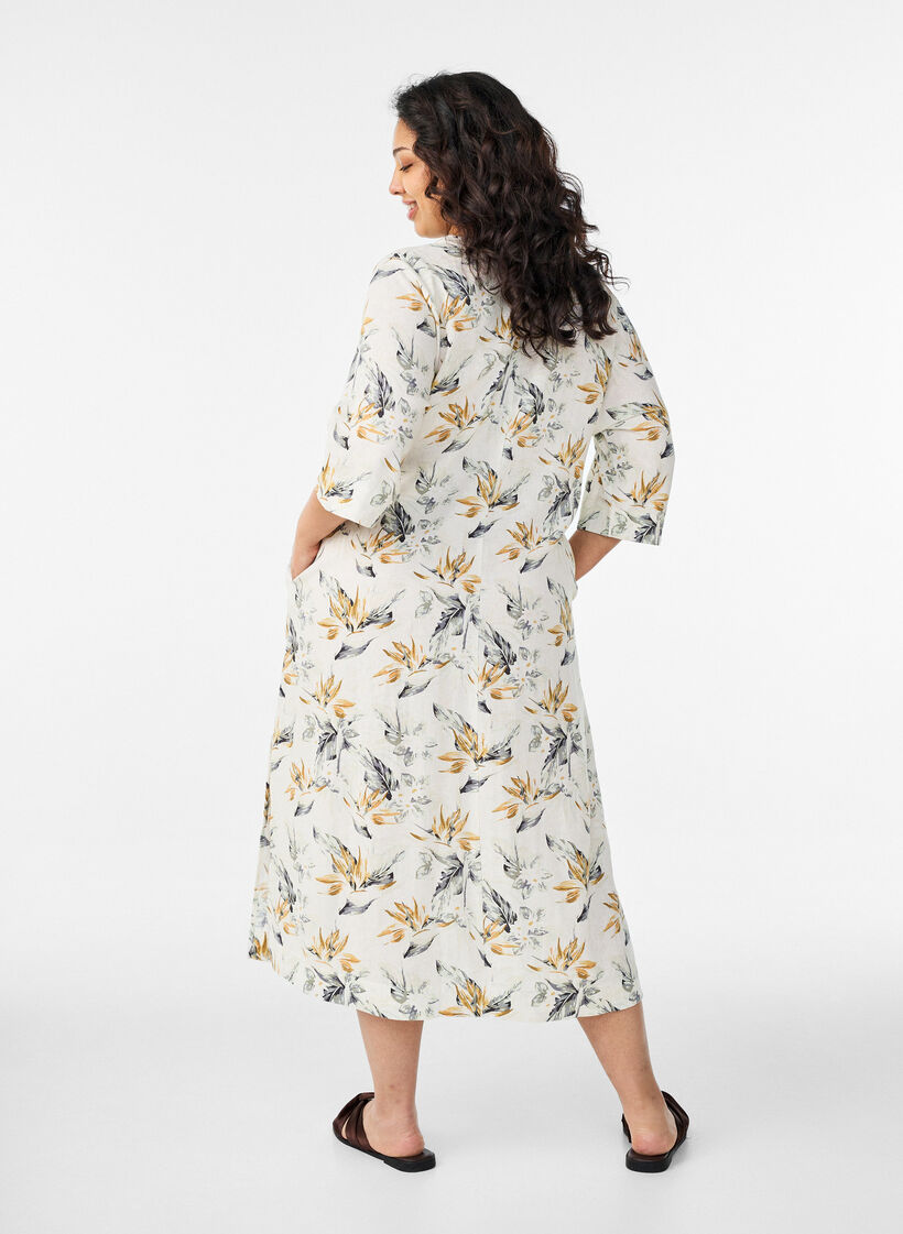 Midi-jurk in linnen en viscose met 1/2 mouwen, Wit, Model image number 1