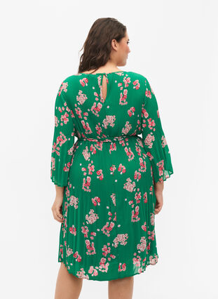 Bedrukte geplooide jurk met bindband, Jolly Green Flower, Model image number 1