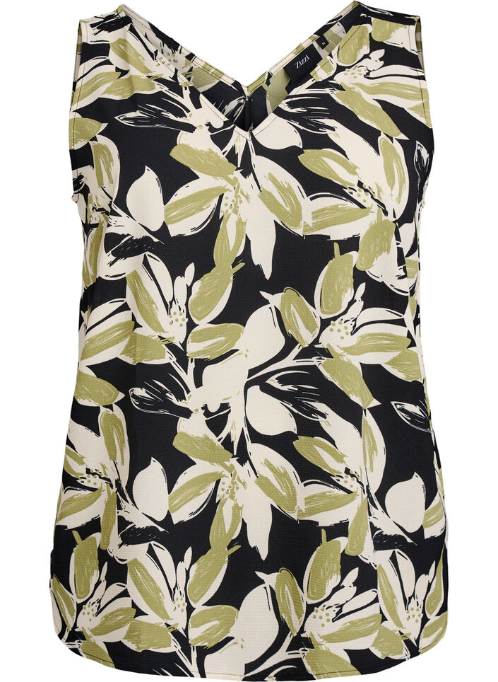 Top met print en V-hals, Zwart, Packshot image number 0