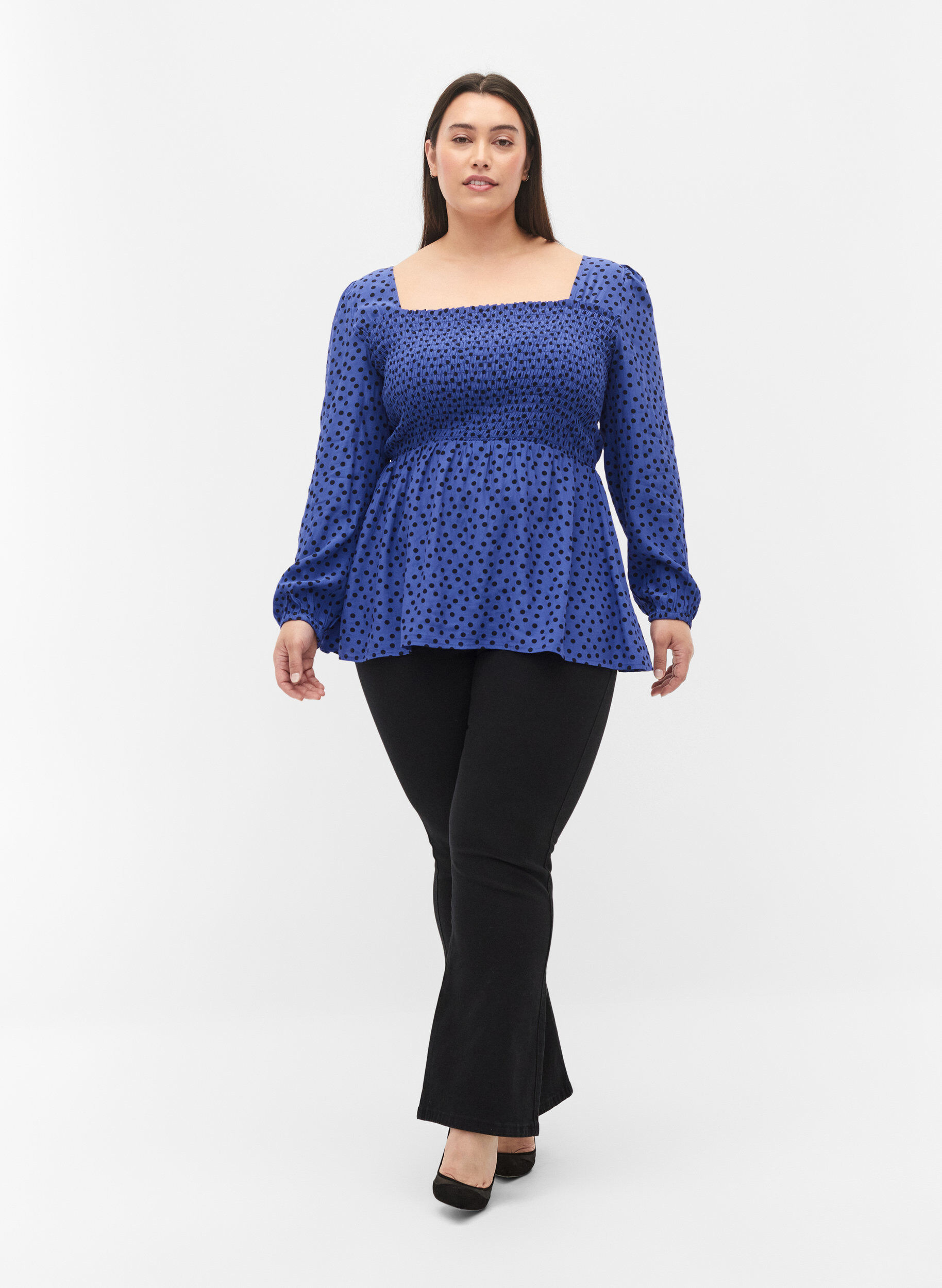 Zizzi Gestippelde viscose blouse met smok, R.Blue w. Black Dot, Model image number 2