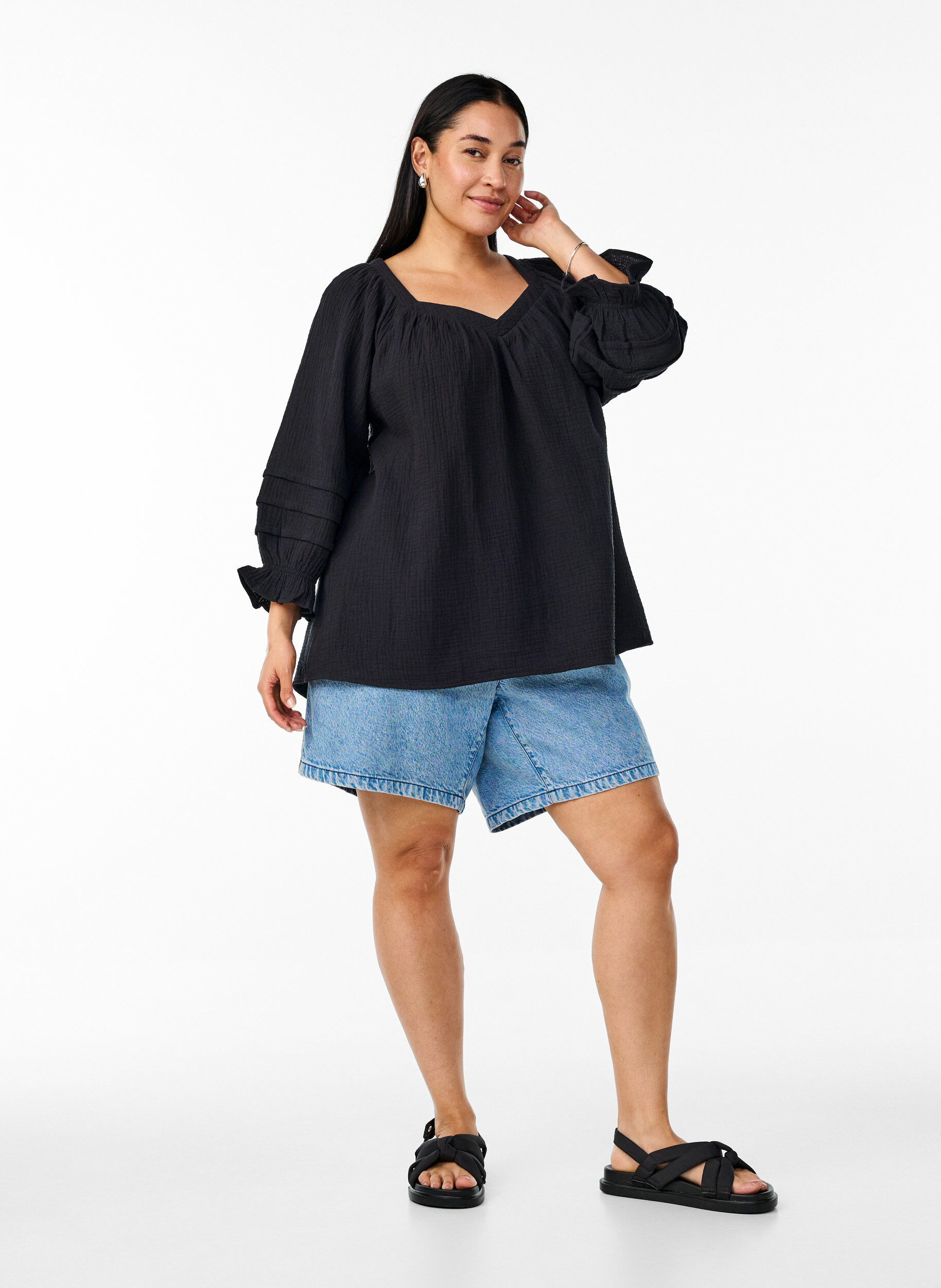 Zizzi Katoenen mousseline blouse met 3/4 mouwen, Black, Model image number 2