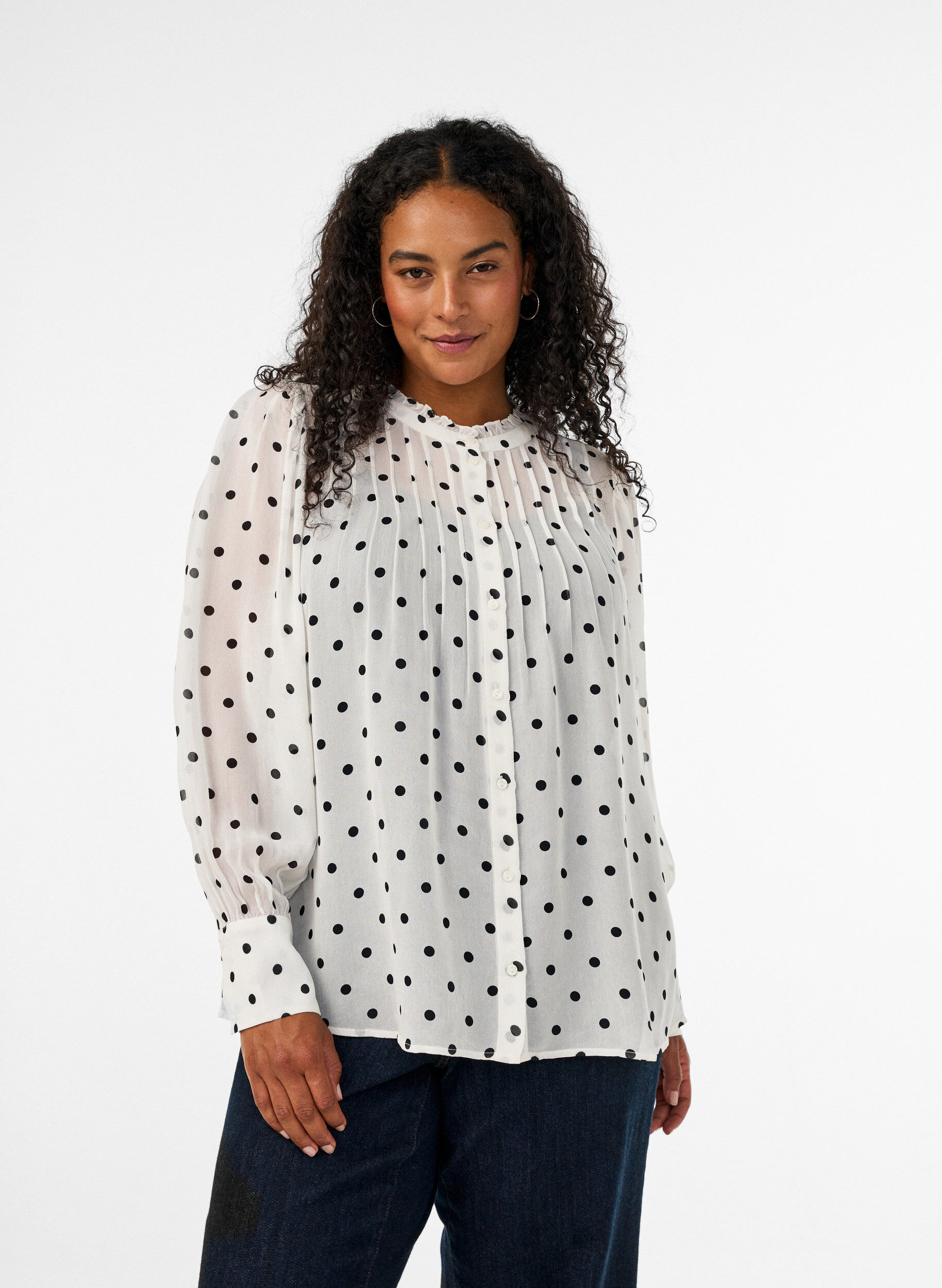 Viscose blouse met een ruchekraag, Wit, Model