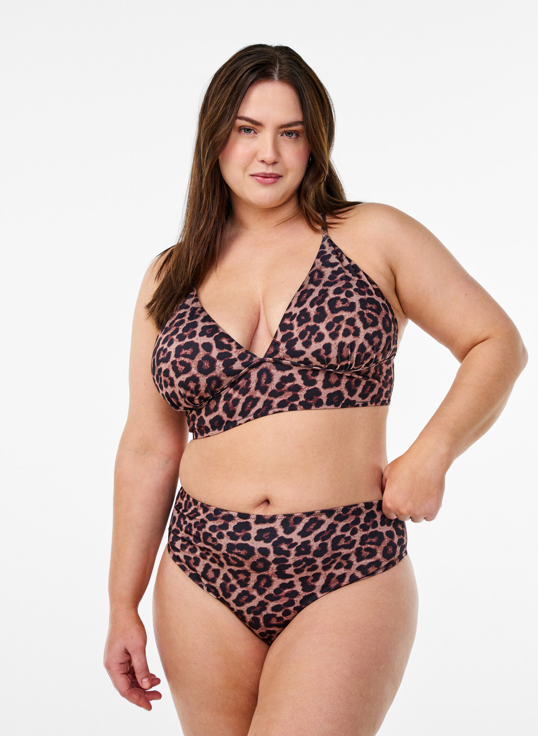 Zizzi Luipaard bikini top met striksluiting aan de achterkant, Bruin, Model image number 1
