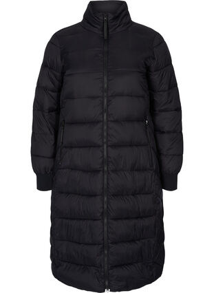 Lange gewatteerde winterjas met zakken, Black, Packshot image number 0