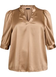Blouse met satinlook, 1/2-mouwen en rucheskraag, Bruin