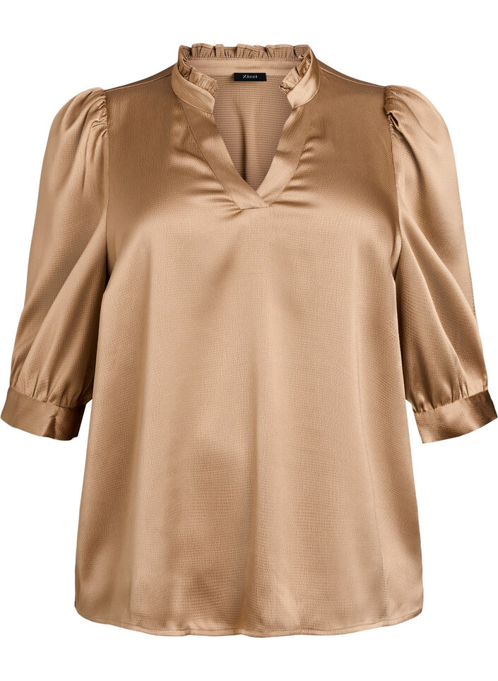 Blouse met satinlook, 1/2-mouwen en rucheskraag, Bruin, Packshot image number 0