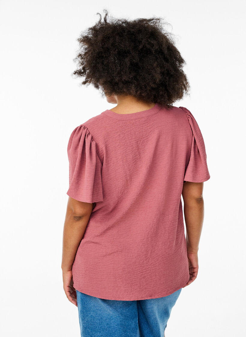 Blouse met korte mouwen met ruches en V-hals, Rood, Model image number 2