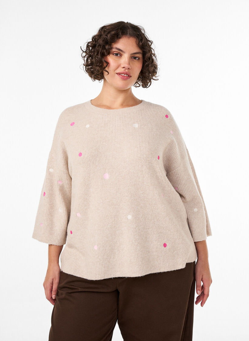 Gebreide blouse met kleine geborduurde motieven, Beige, Model image number 0