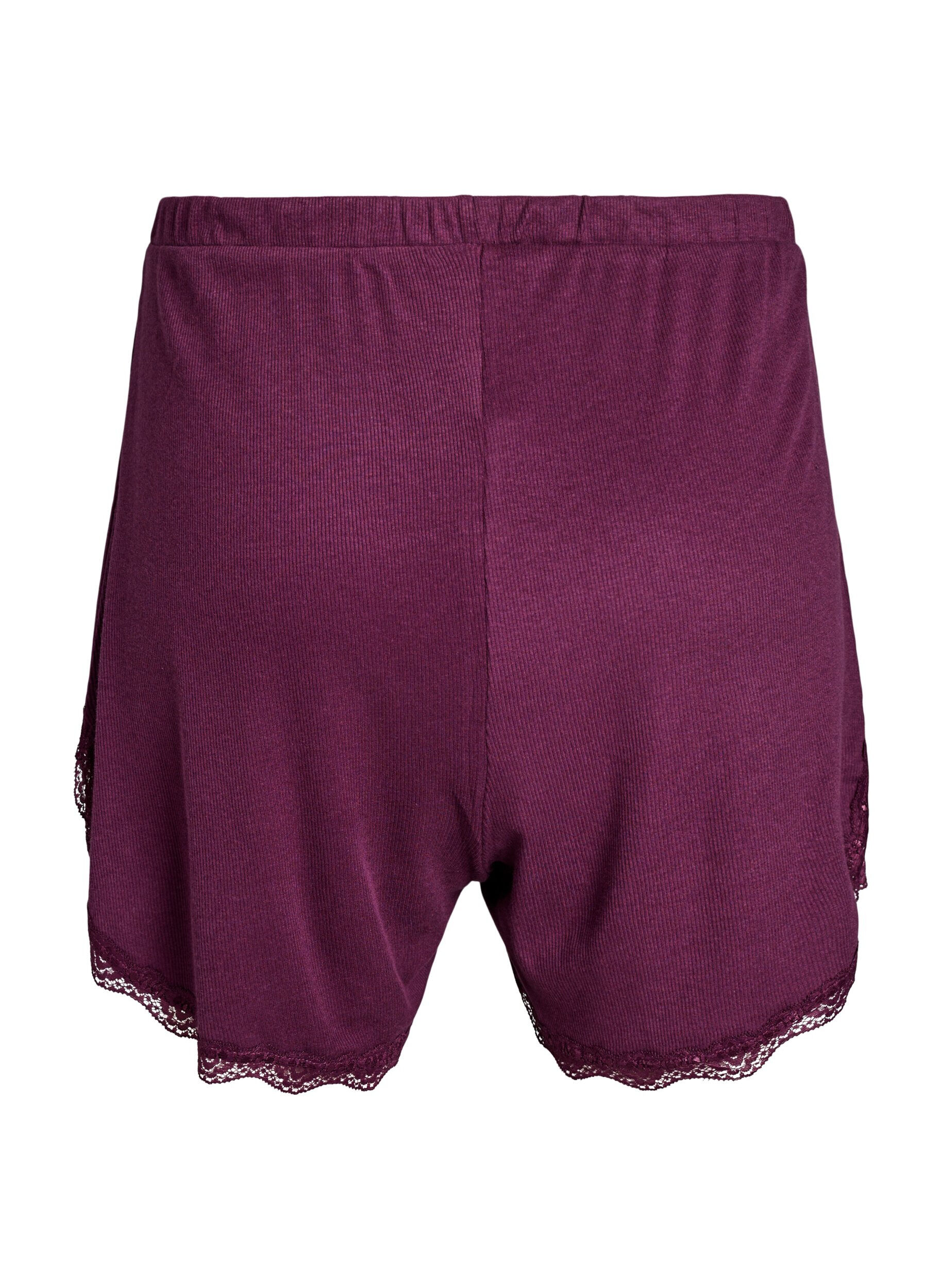 Zizzi Lichte nachtshorts met ribde structuur en kanten afwerking, Donker Bordeaux, Packshot image number 1
