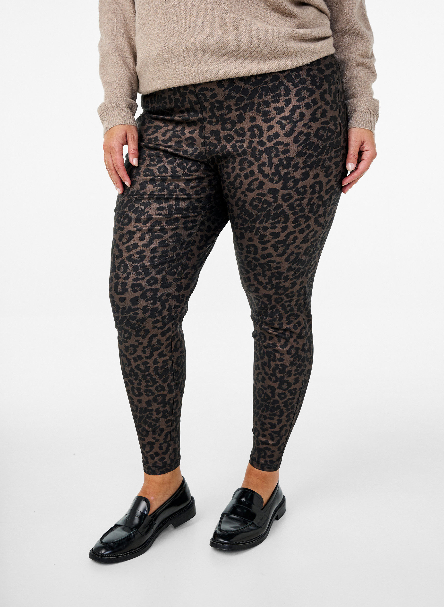 Zizzi Gecoate leggings met luipaardprint en gecropte lengte, Bruin, Model image number 0
