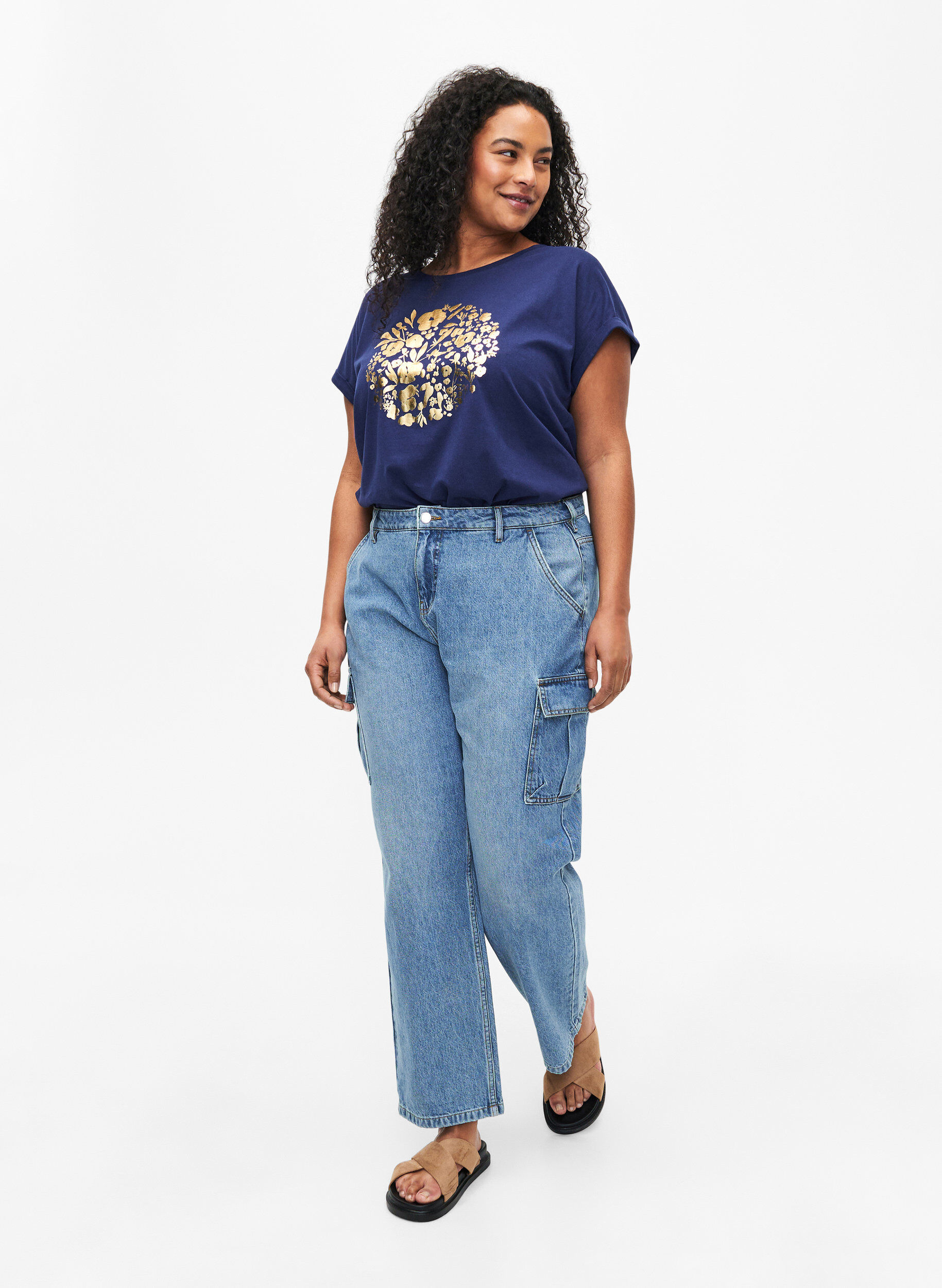 Zizzi T-shirt van biologisch katoen met gouden opdruk, Med.Blue Gold Flower, Model image number 2