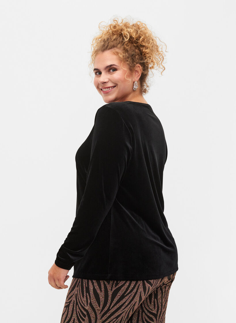 Velours blouse met lange mouwen, Black, Model image number 1