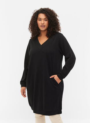Sweatshirt jurk met v-halslijn, Black, Model image number 0