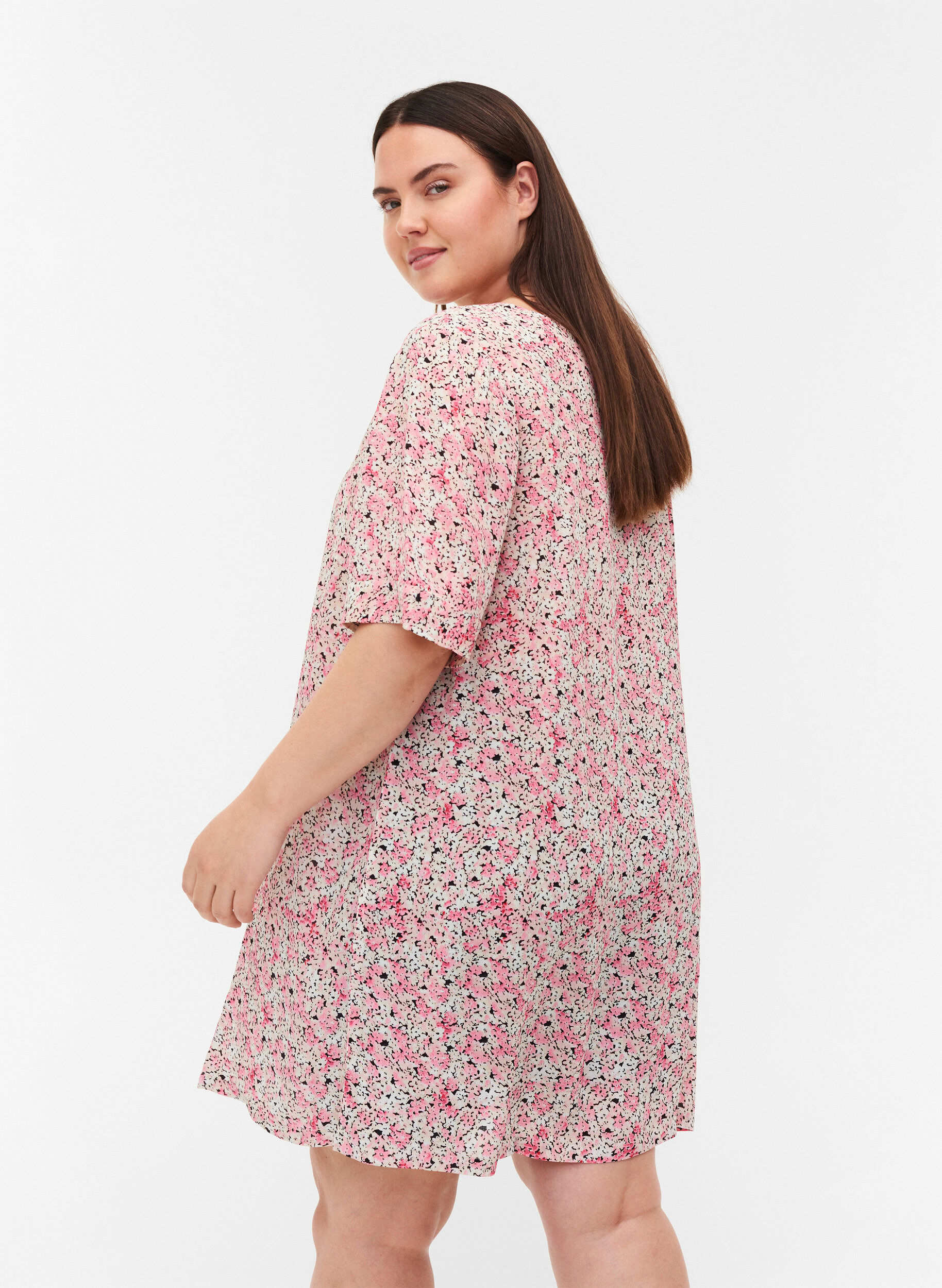 Zizzi Tuniek van viscose met print en korte mouwen, Pink Ditsy AOP, Model image number 1