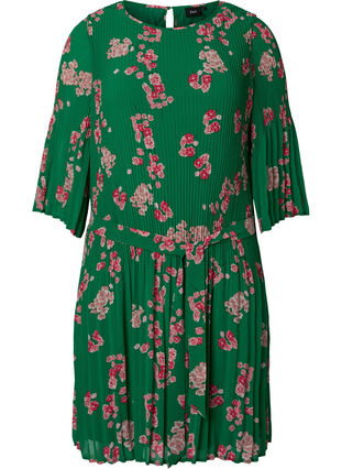 Bedrukte geplooide jurk met bindband, Jolly Green Flower, Packshot image number 0