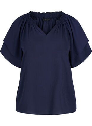 	 V-hals blouse met korte mouwen, Navy Blazer, Packshot image number 0