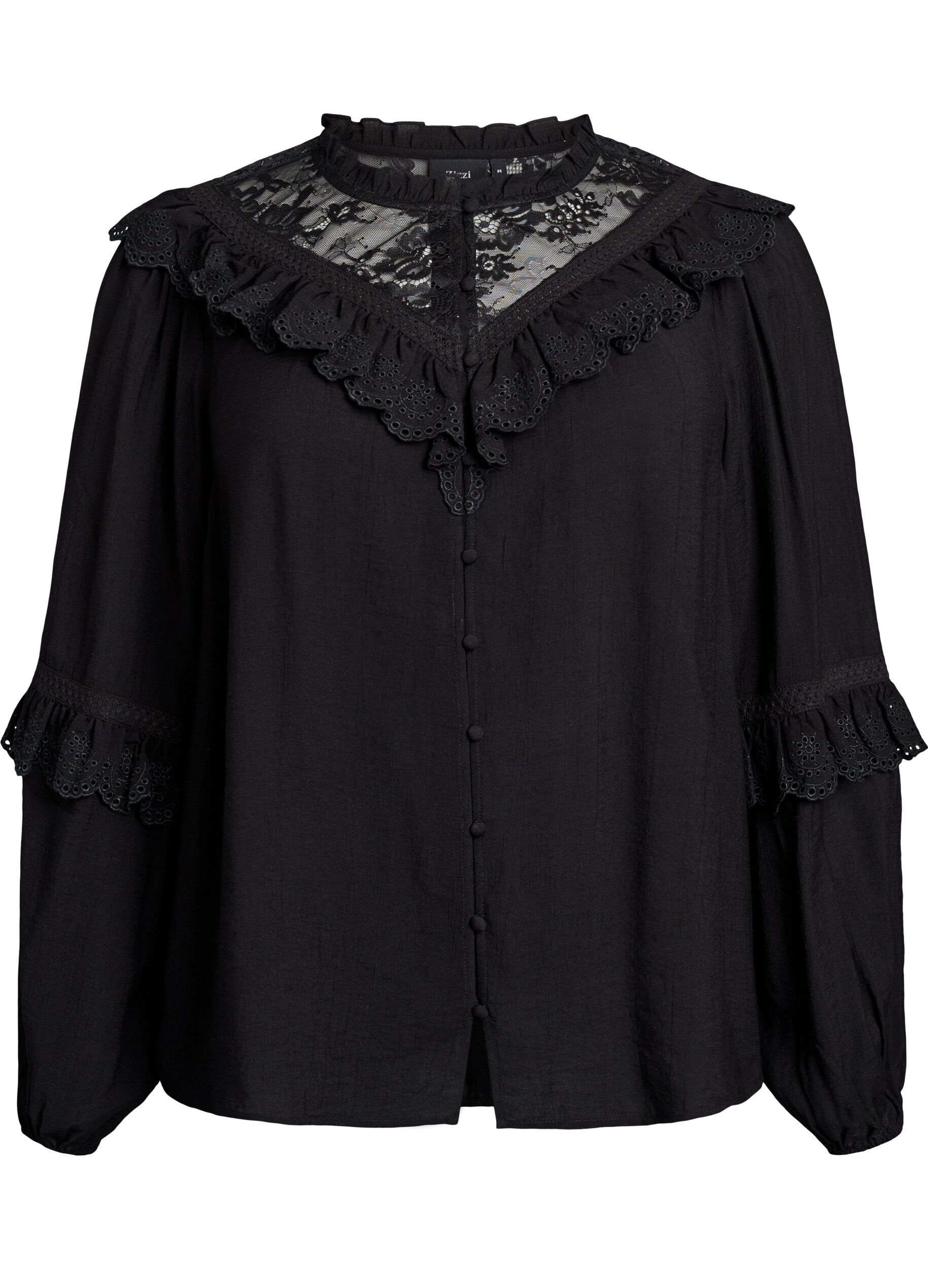 Zizzi Viscose blouse met kant en ruches, Zwart, Packshot image number 0