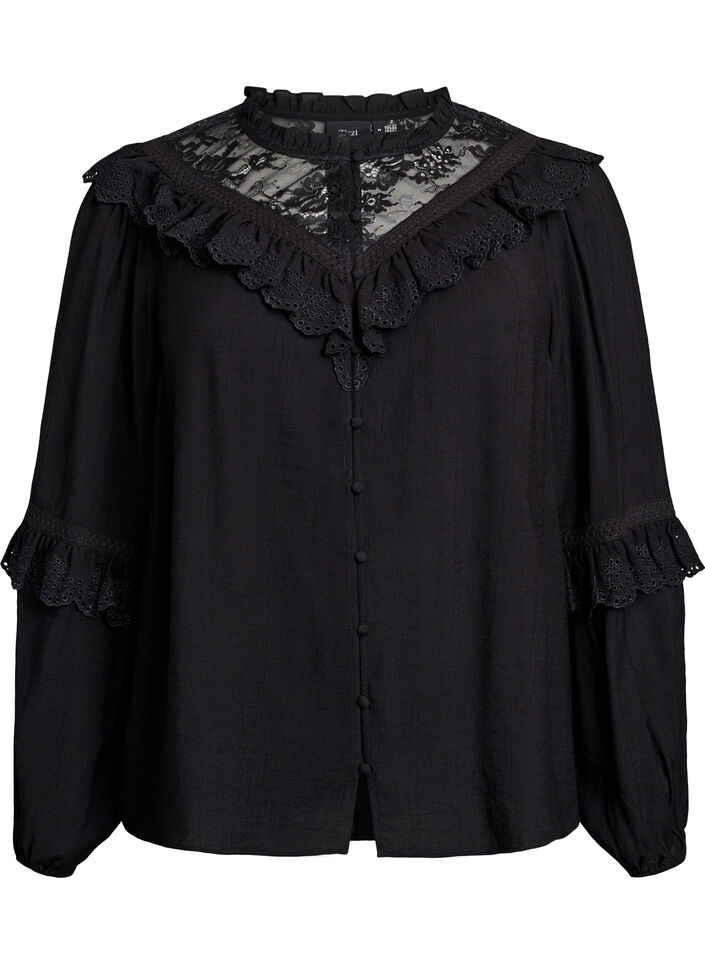Viscose blouse met kant en ruches, Zwart, Packshot