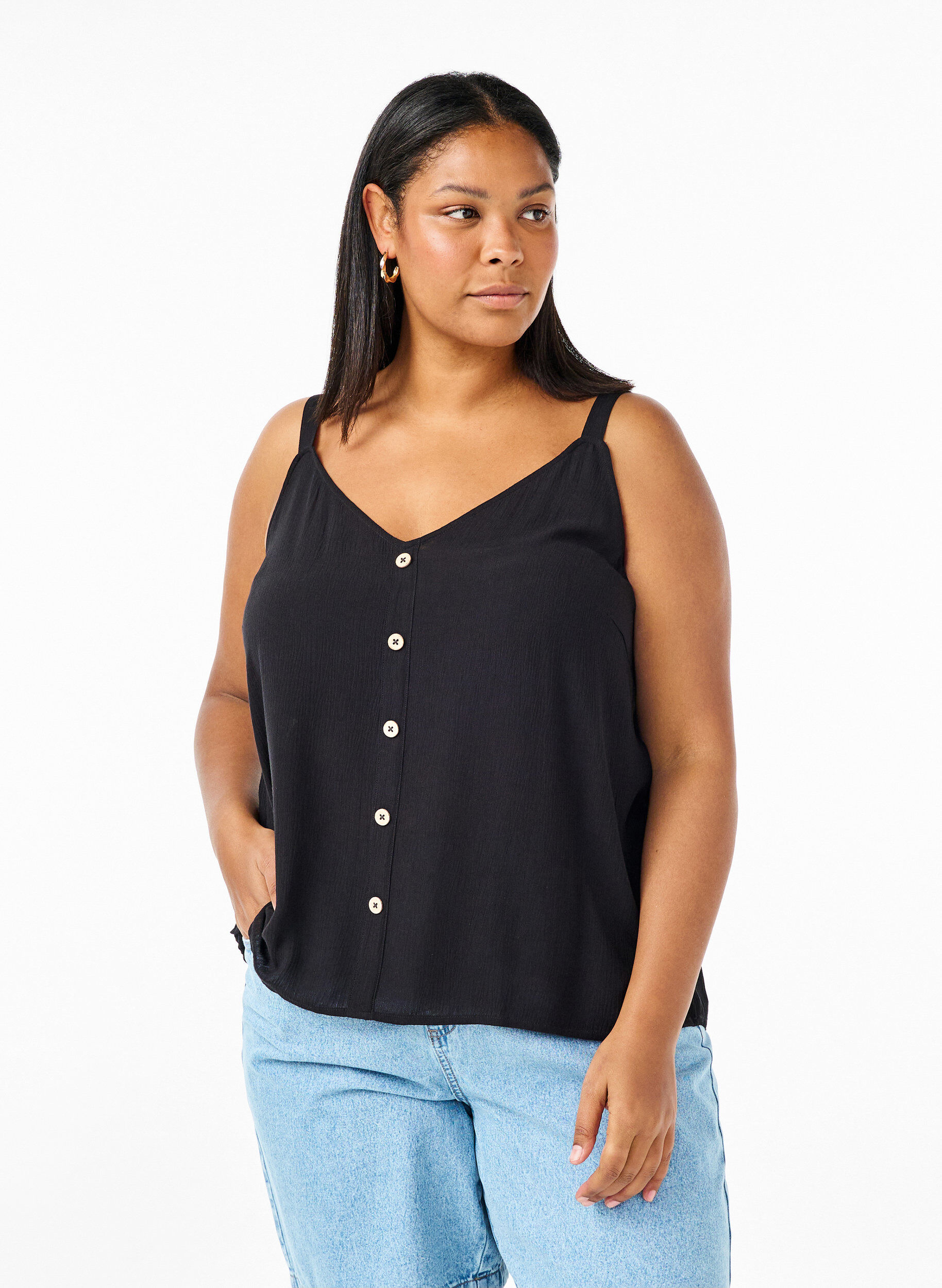Zizzi Viscose top met smalle bandjes, Black, Model image number 0