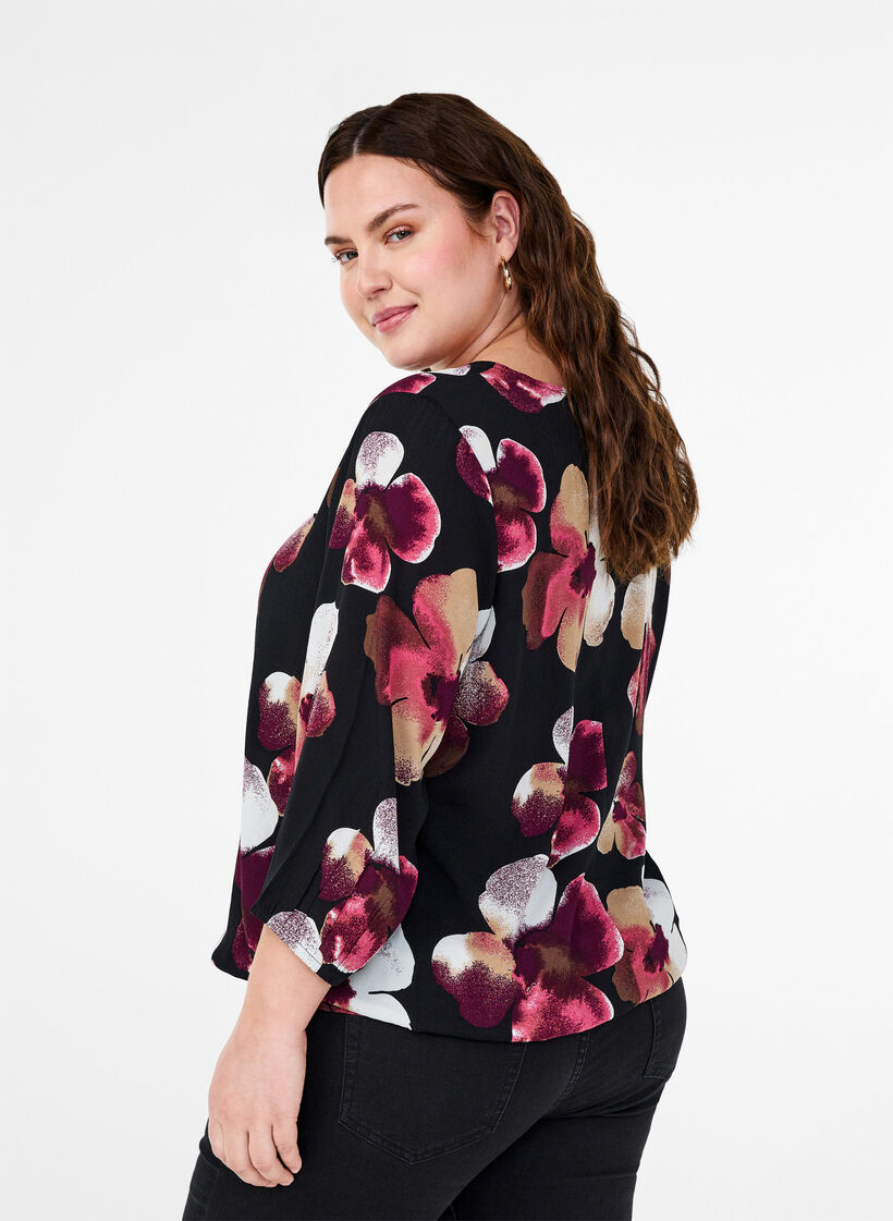 Viscose blouse met print en smok, Zwart, Model image number 2