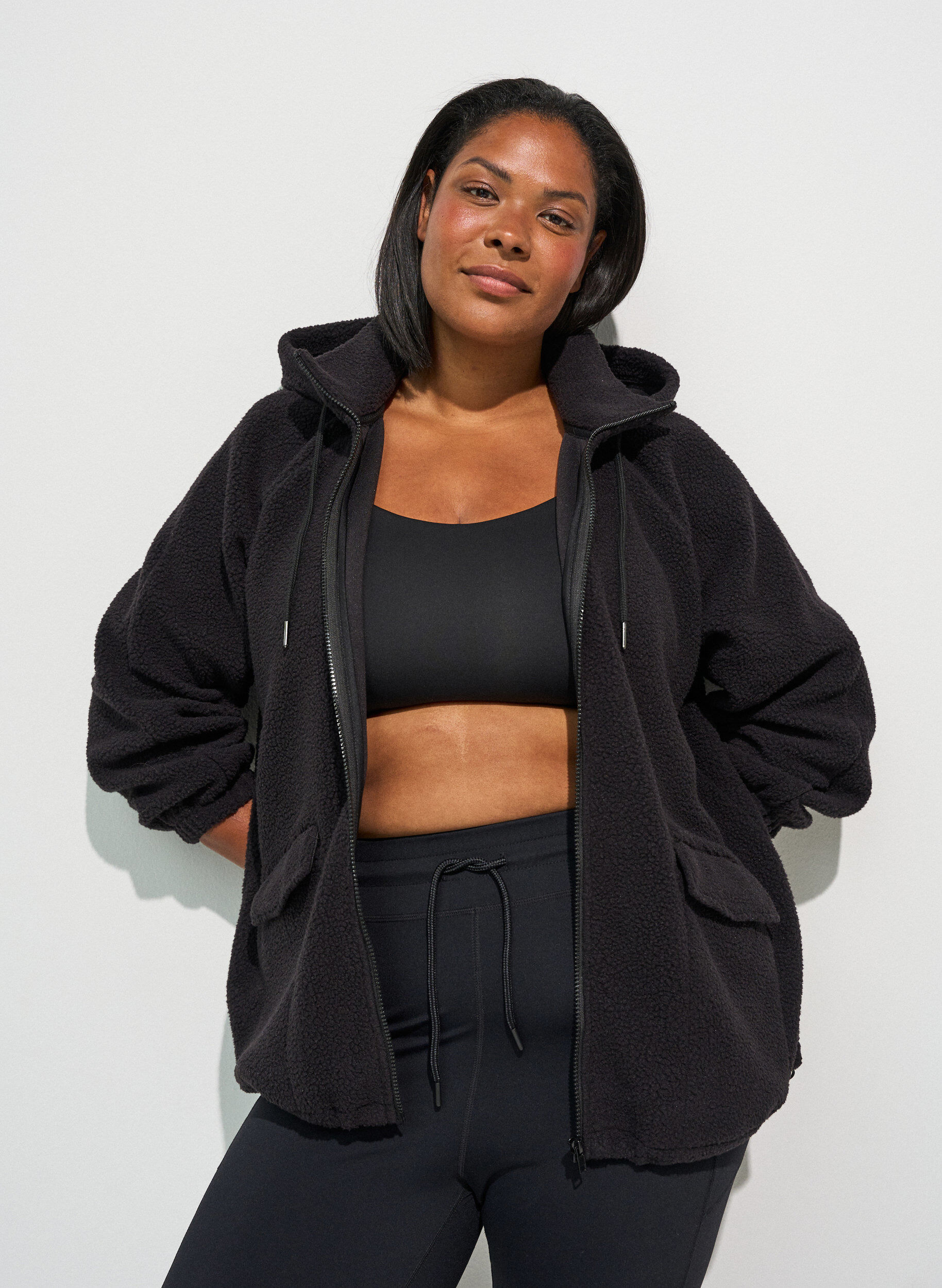 ZizziTeddyjack met capuchon en ritssluiting, Zwart, Model image number 0
