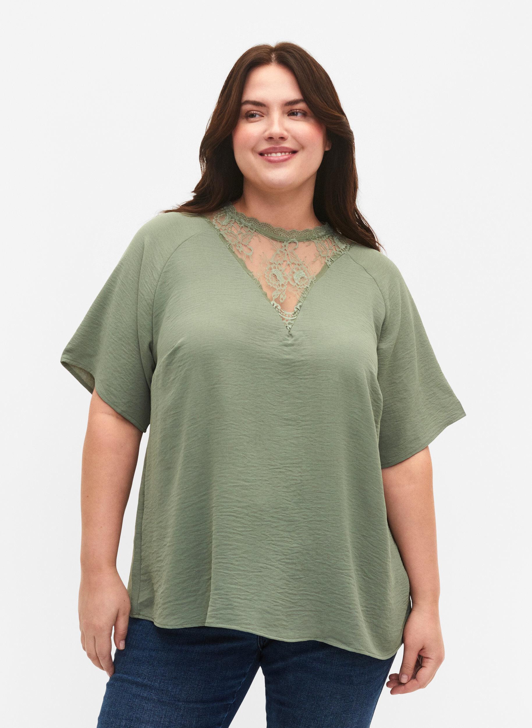 Zizzi Blouse met korte mouwen en kant, Lily Pad, Model image number 0