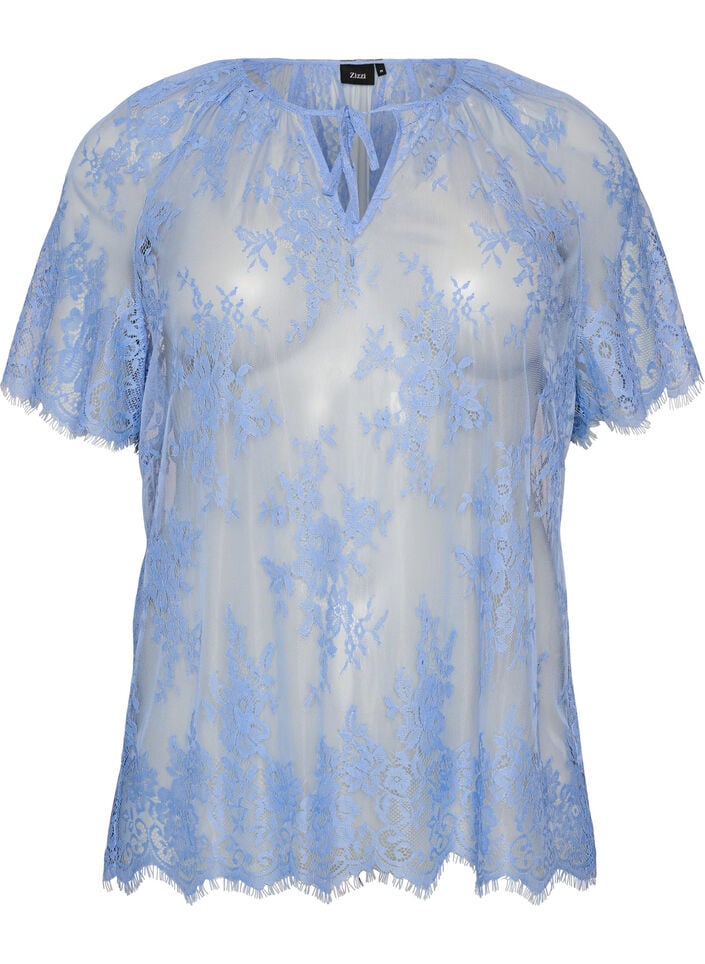 Korte mouwen kanten blouse met striksluiting, Paars, Packshot image number 0