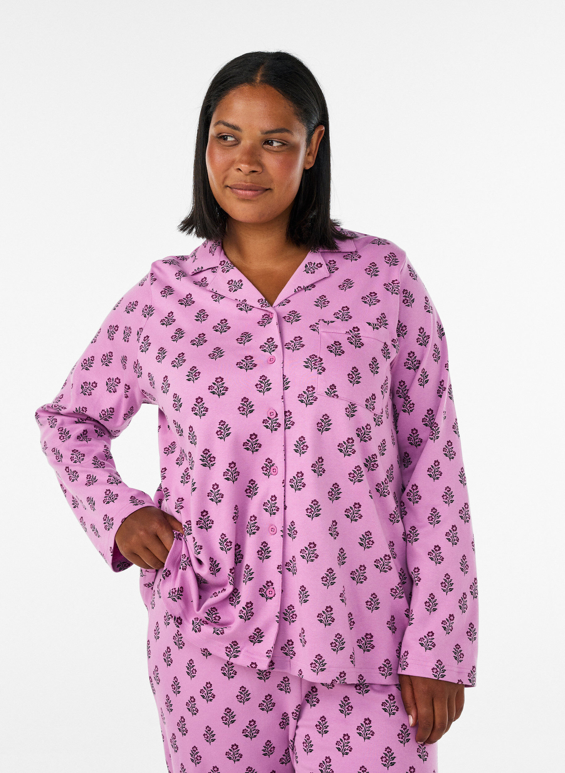 ZizziKatoenen pyjamashirt met borstzak, Roze, Model image number 0