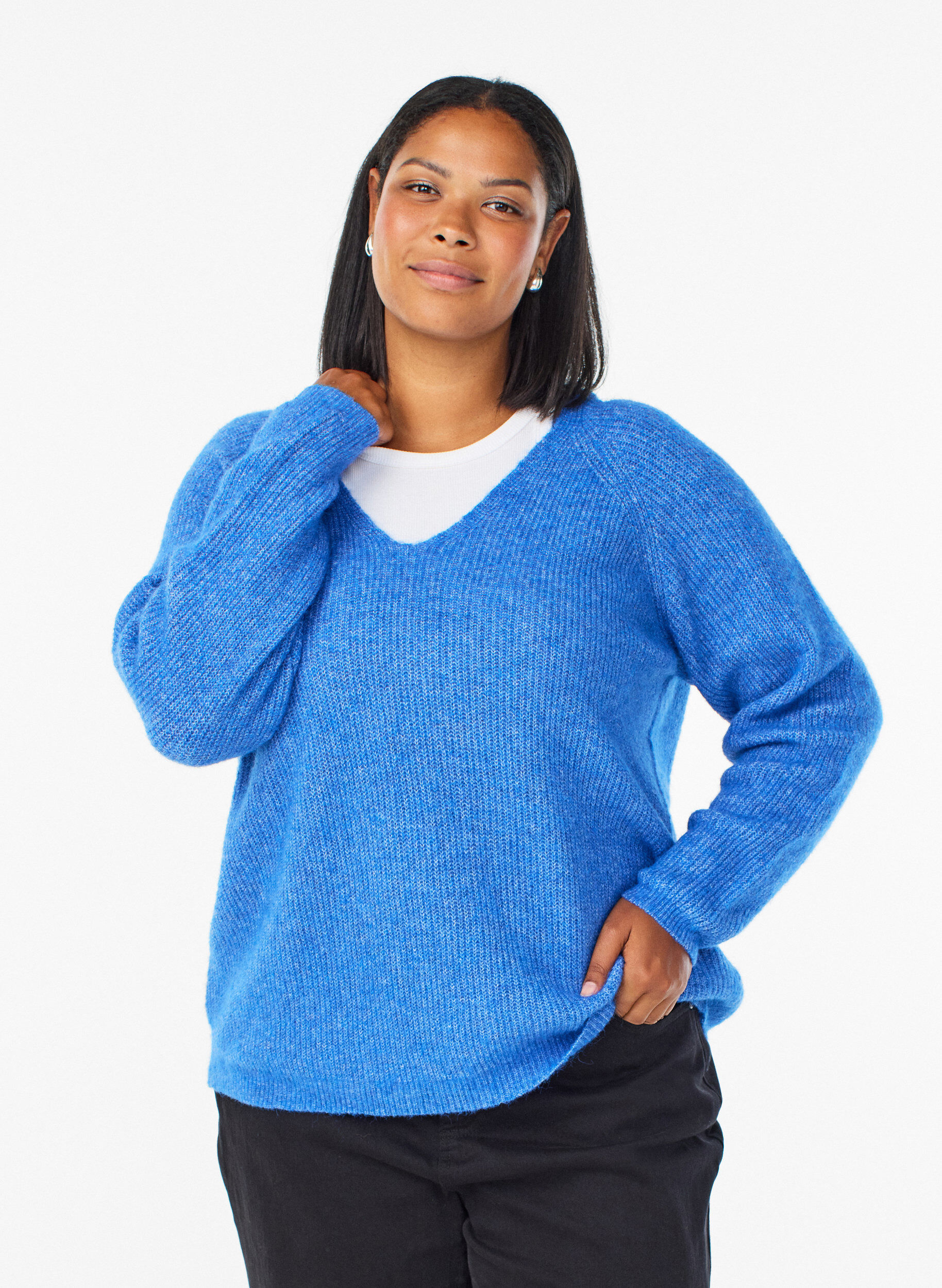 Gebreide blouse met V-hals en raglanmouwen, Blauw, Model