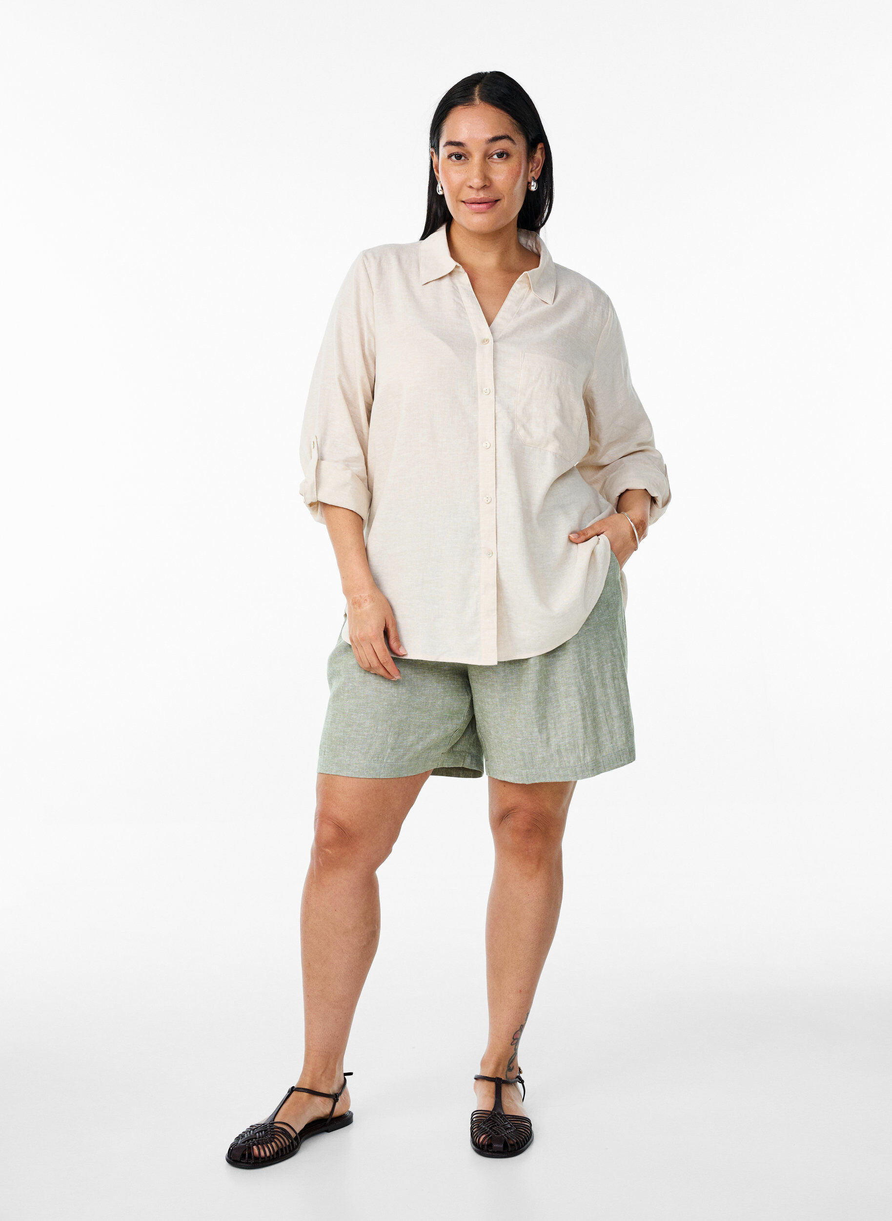 ZizziLinnen en viscose shirt met 3/4 mouwen, Beige, Model image number 1