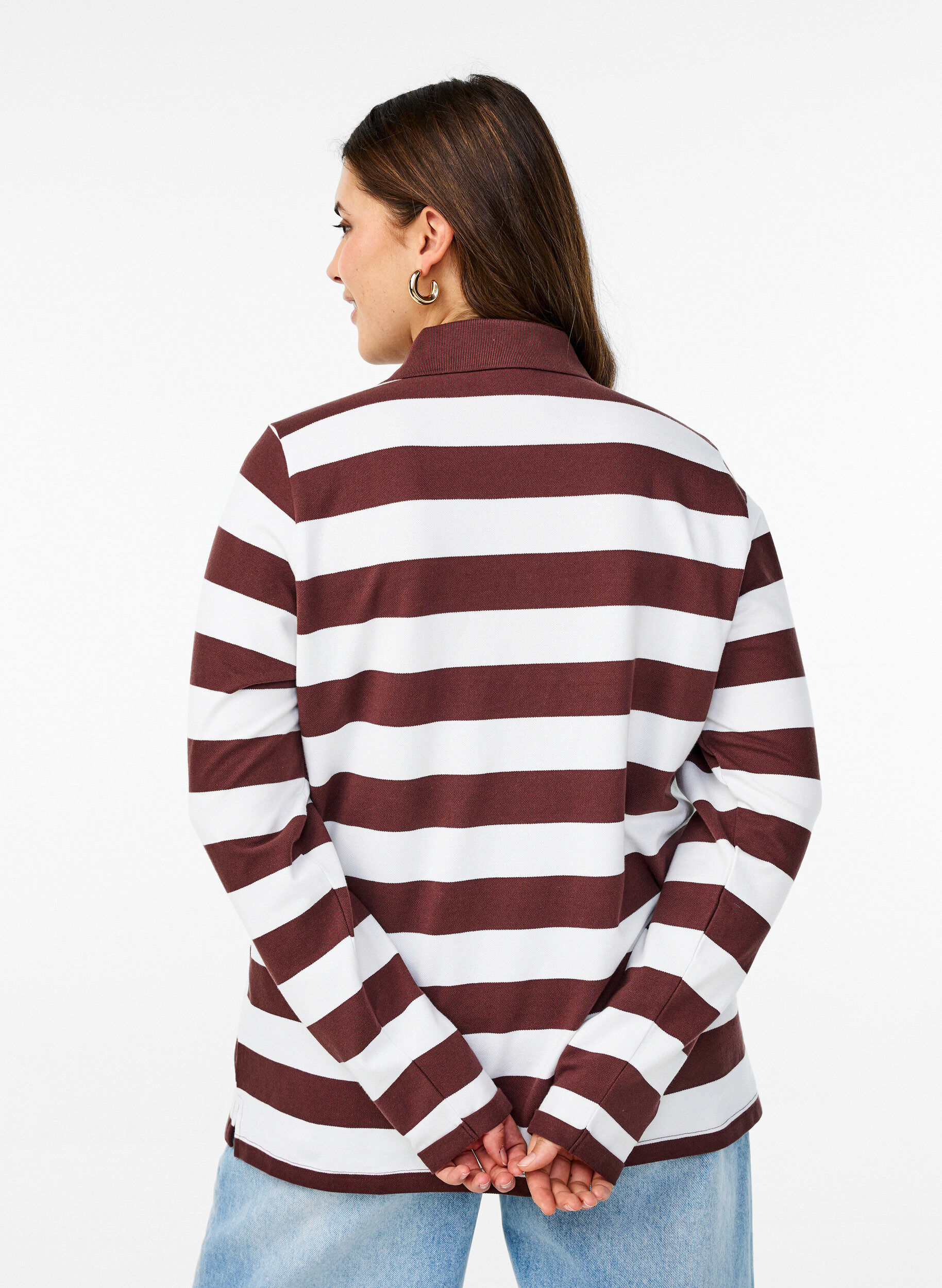 Zizzi Gestreepte polo met lange mouwen, Donker Bordeaux, Model image number 2