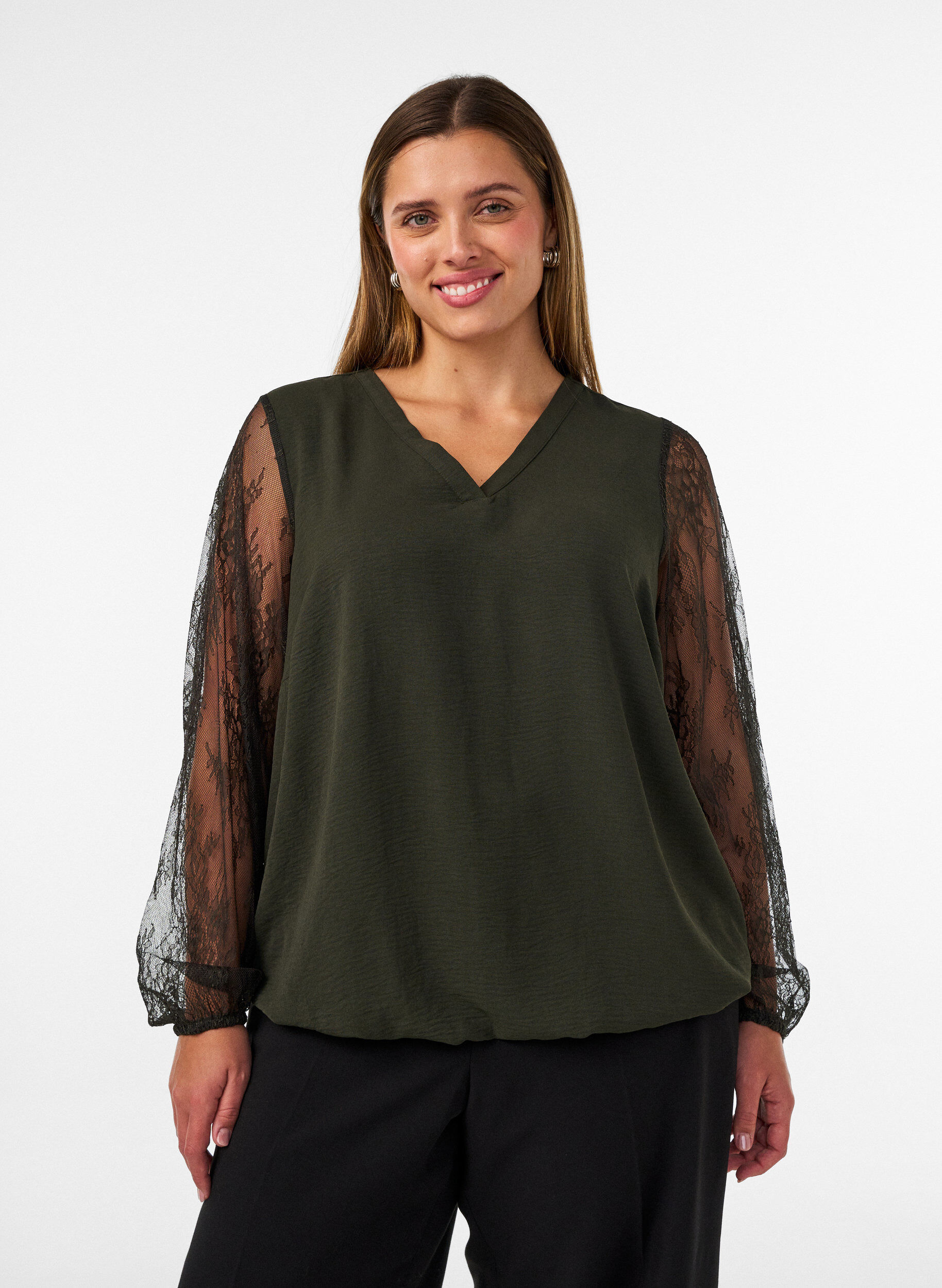 Blouse met kanten mouwen en ballonvorm, Groen, Model