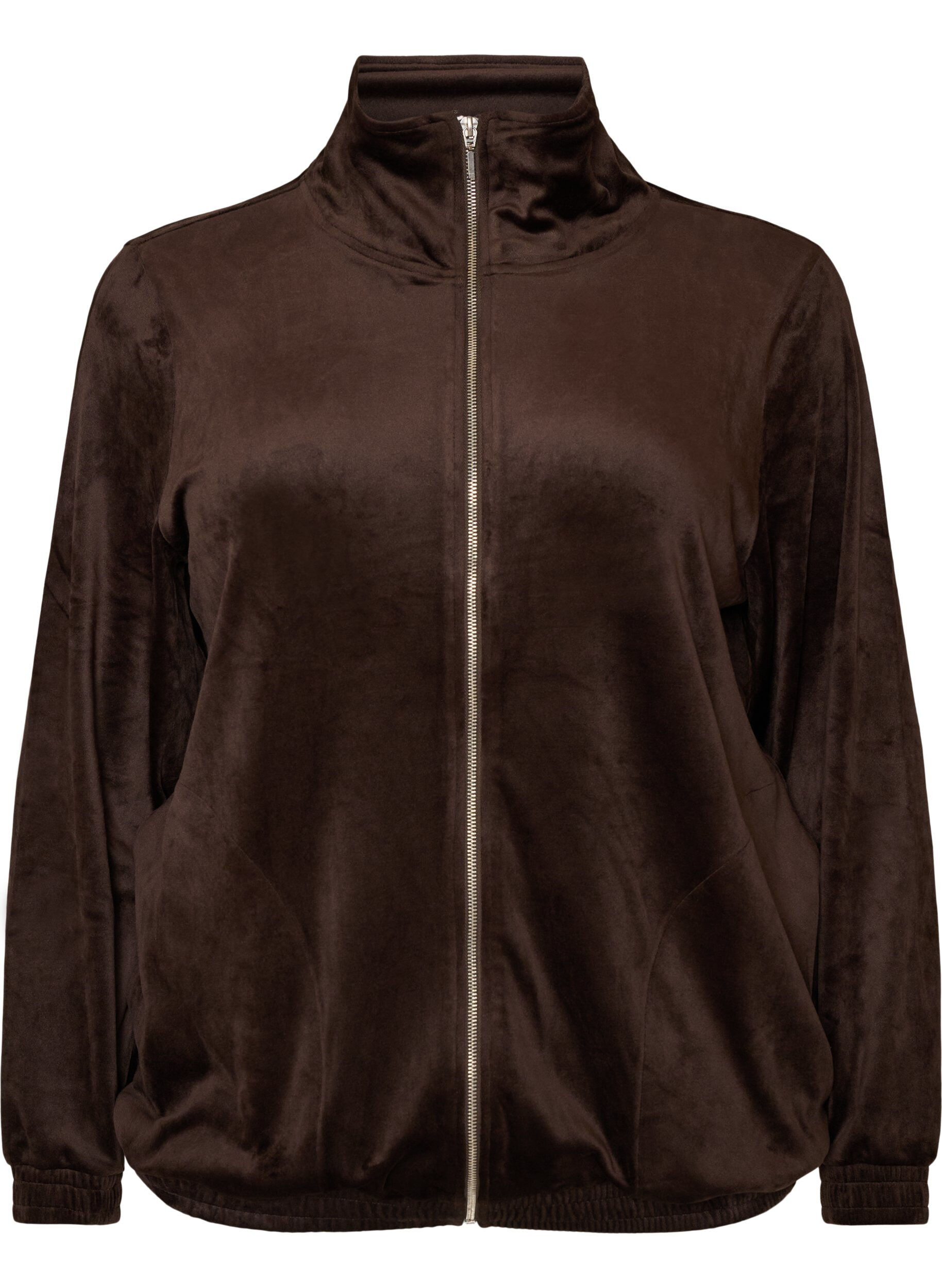 ZizziZachte velours cardigan met rits en hoge kraag, Bruin, Packshot image number 0