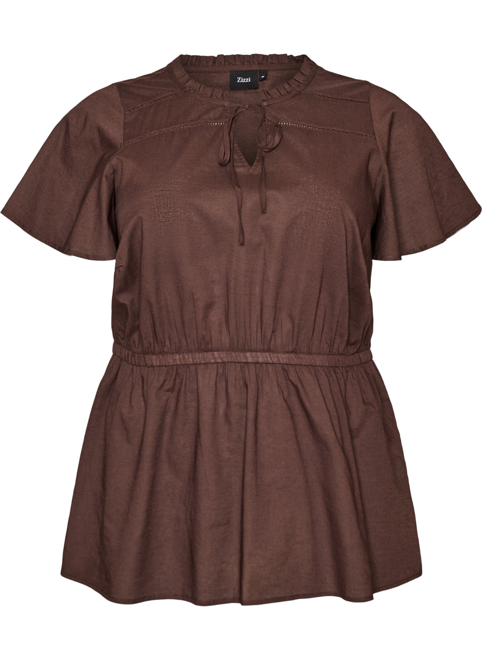 ZizziKatoenen blouse met strik en elastische taille, Bruin, Packshot image number 0