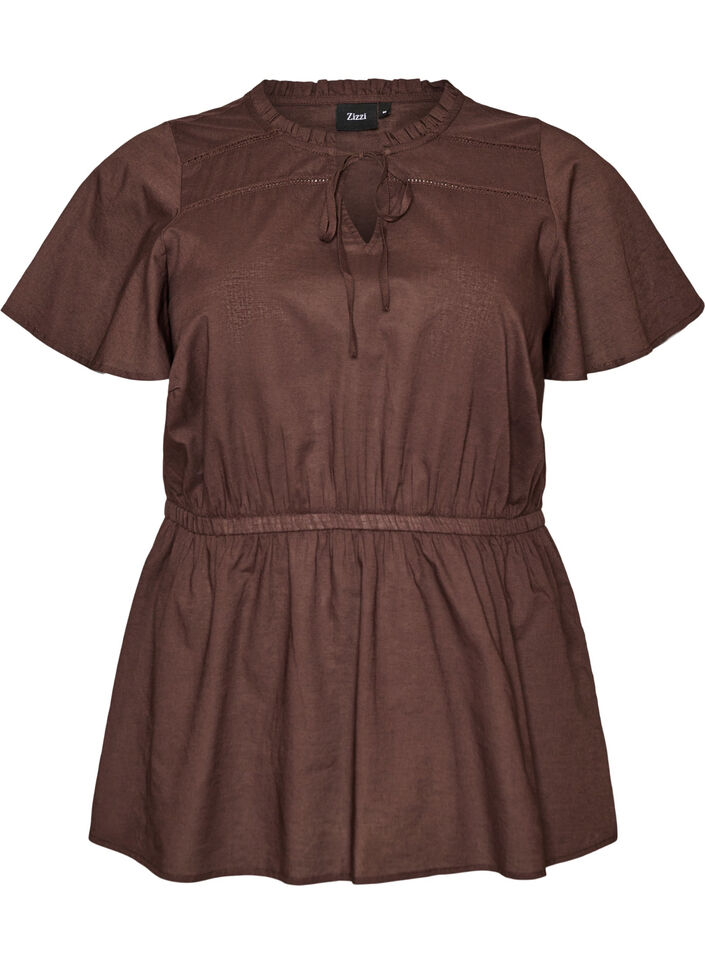 Katoenen blouse met strik en elastische taille, Bruin, Packshot image number 0