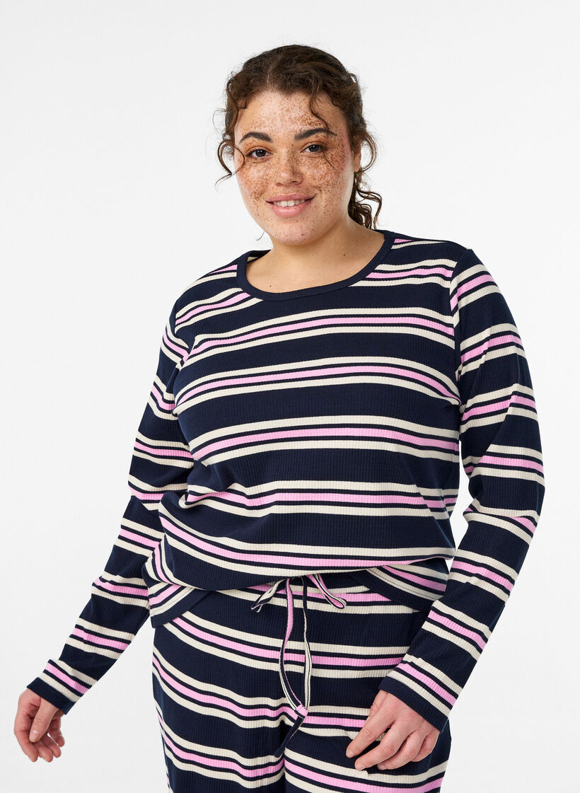 Nachtbovenstuk met lange mouwen in geribde jersey met strepen, Blauw, Model
