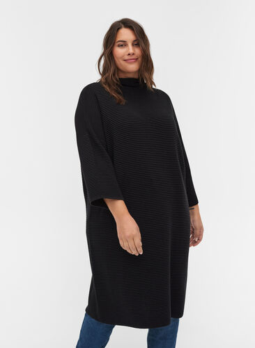 Gebreide jurk met cropped mouwen, Black, Model image number 0