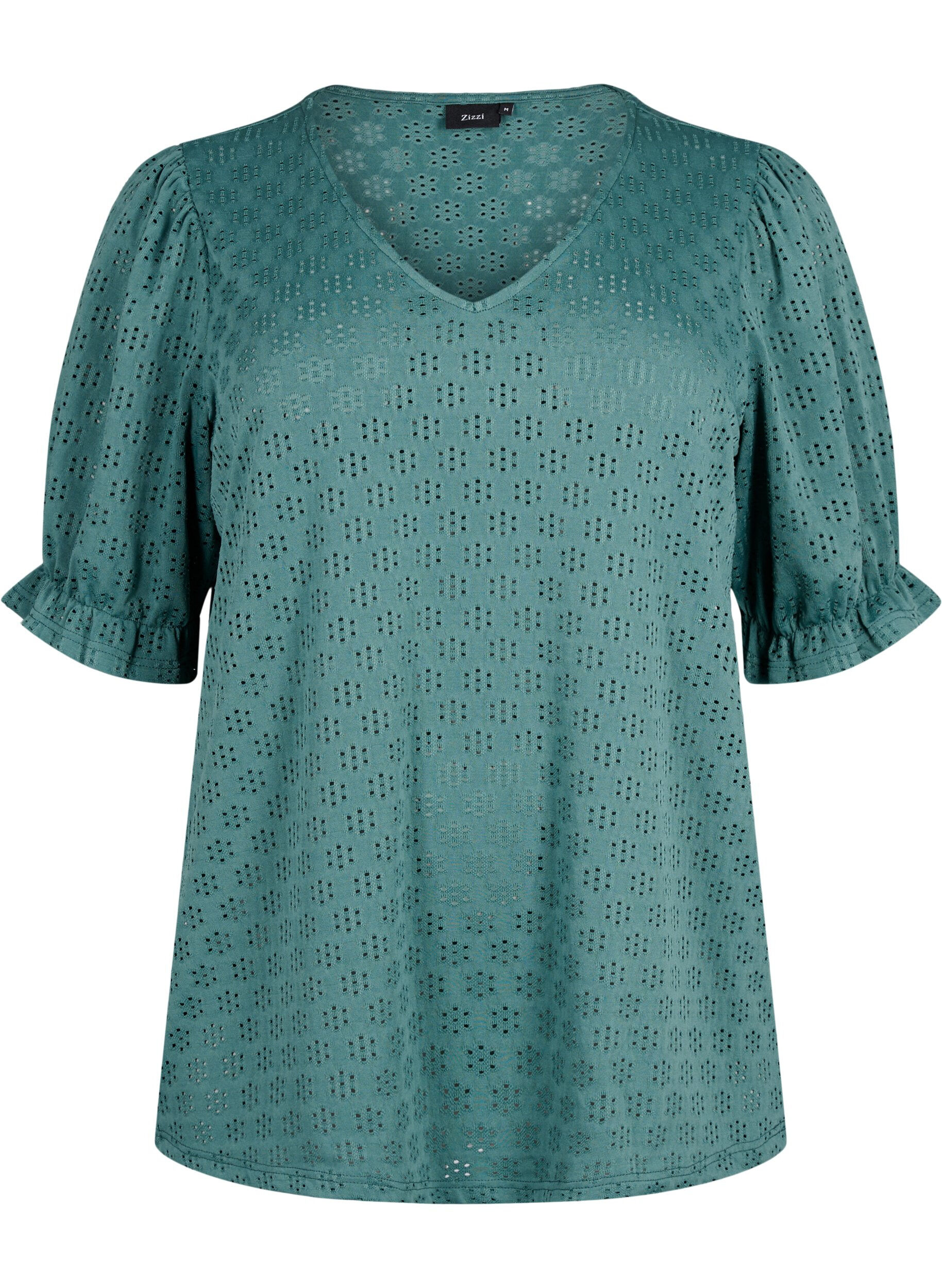 Zizzi Blouse met V-hals en gaatjespatroon, Sea Pine, Packshot image number 0