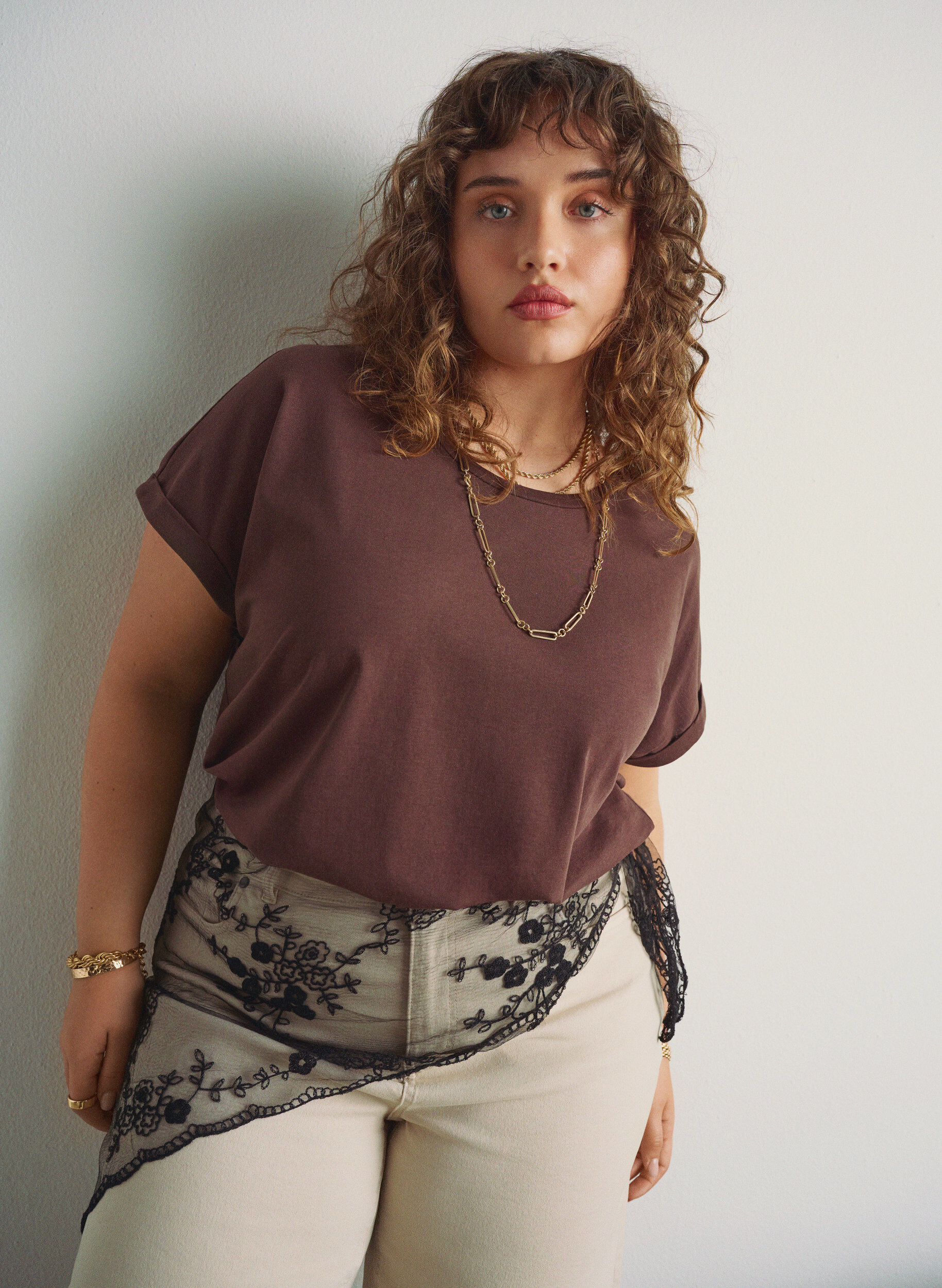 Zizzi T-shirt met korte mouwen van katoenmix, Bruin, Image image number 0