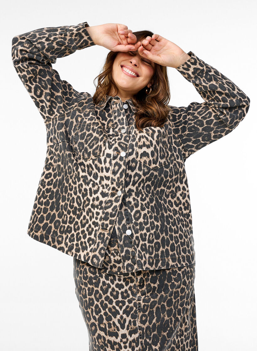 Denim jacket met luipaardprint en borstzakken, Bruin, Image image number 0