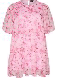 Korte jurk met chiffonlook, bloemenprint en volantlagen, Roze