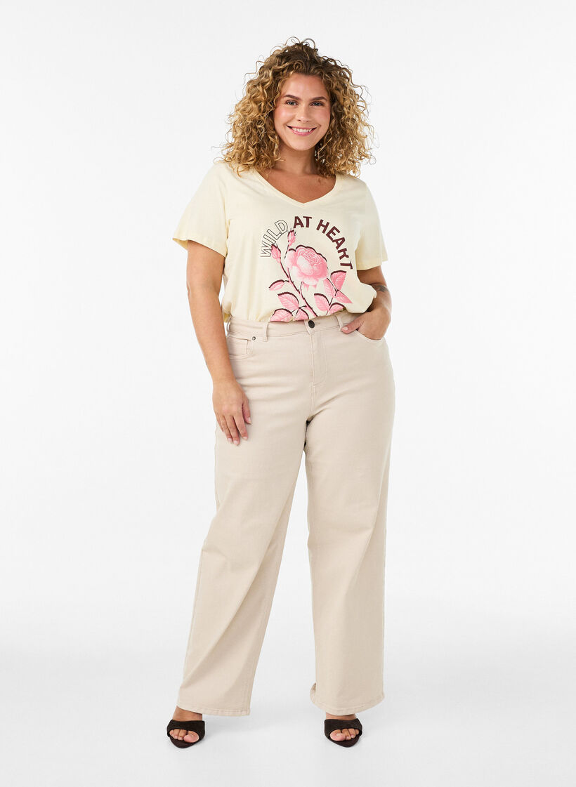 Katoenen T-shirt met V-hals en print aan de voorkant, Beige, Model image number 1