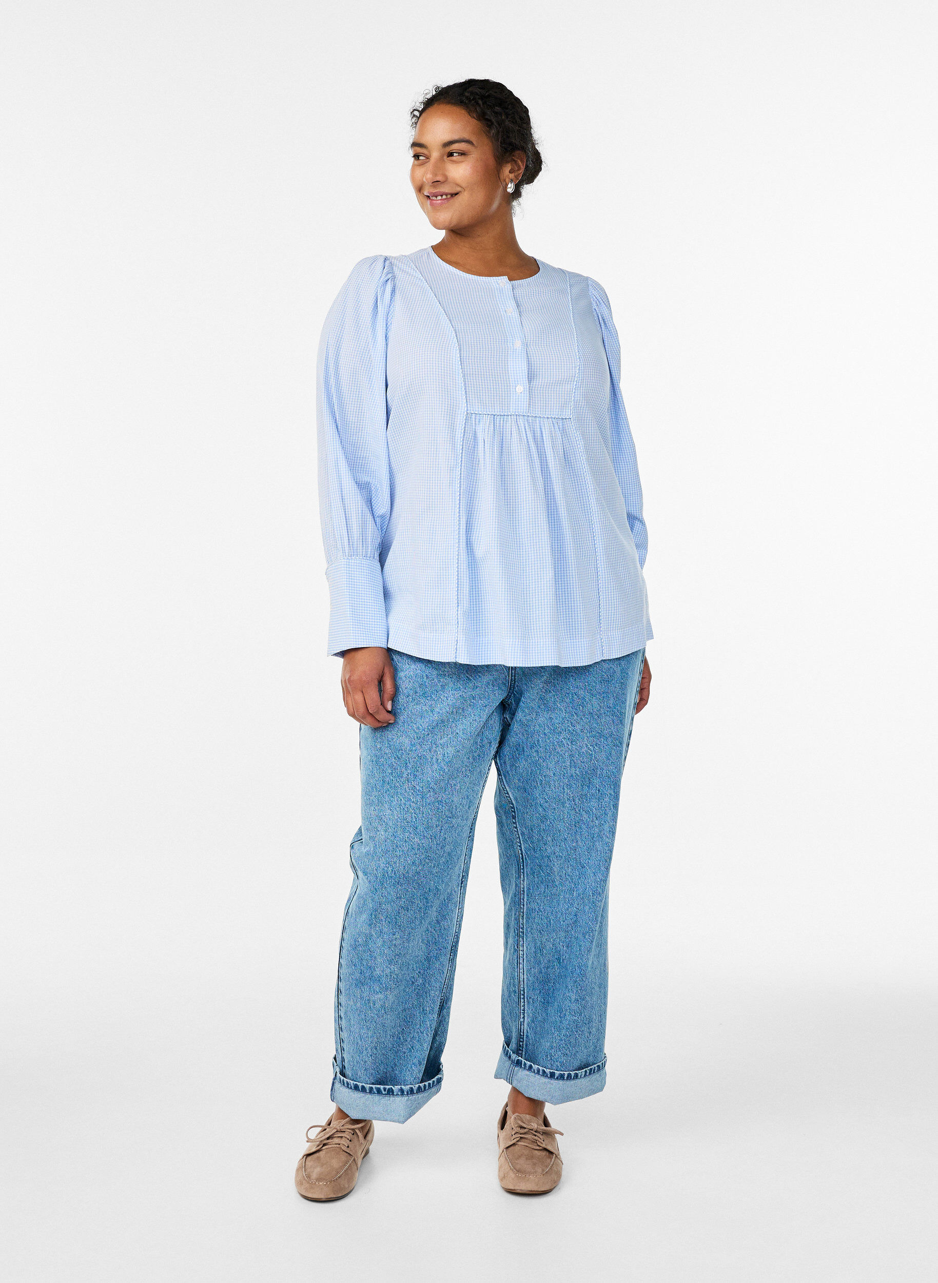 Zizzi A-lijn geblokte blouse, Blauw, Model image number 1