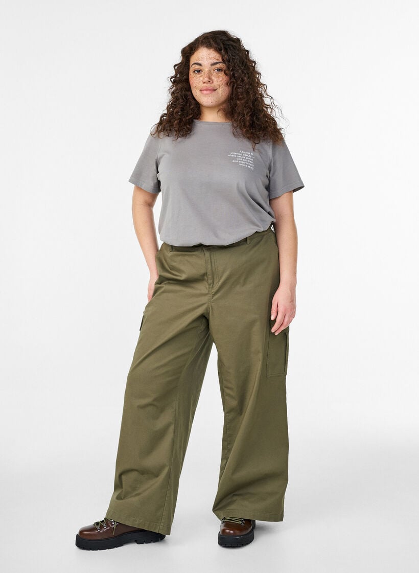 Katoenen T-shirt met print op de voorkant en achterkant, Grijs, Model image number 1