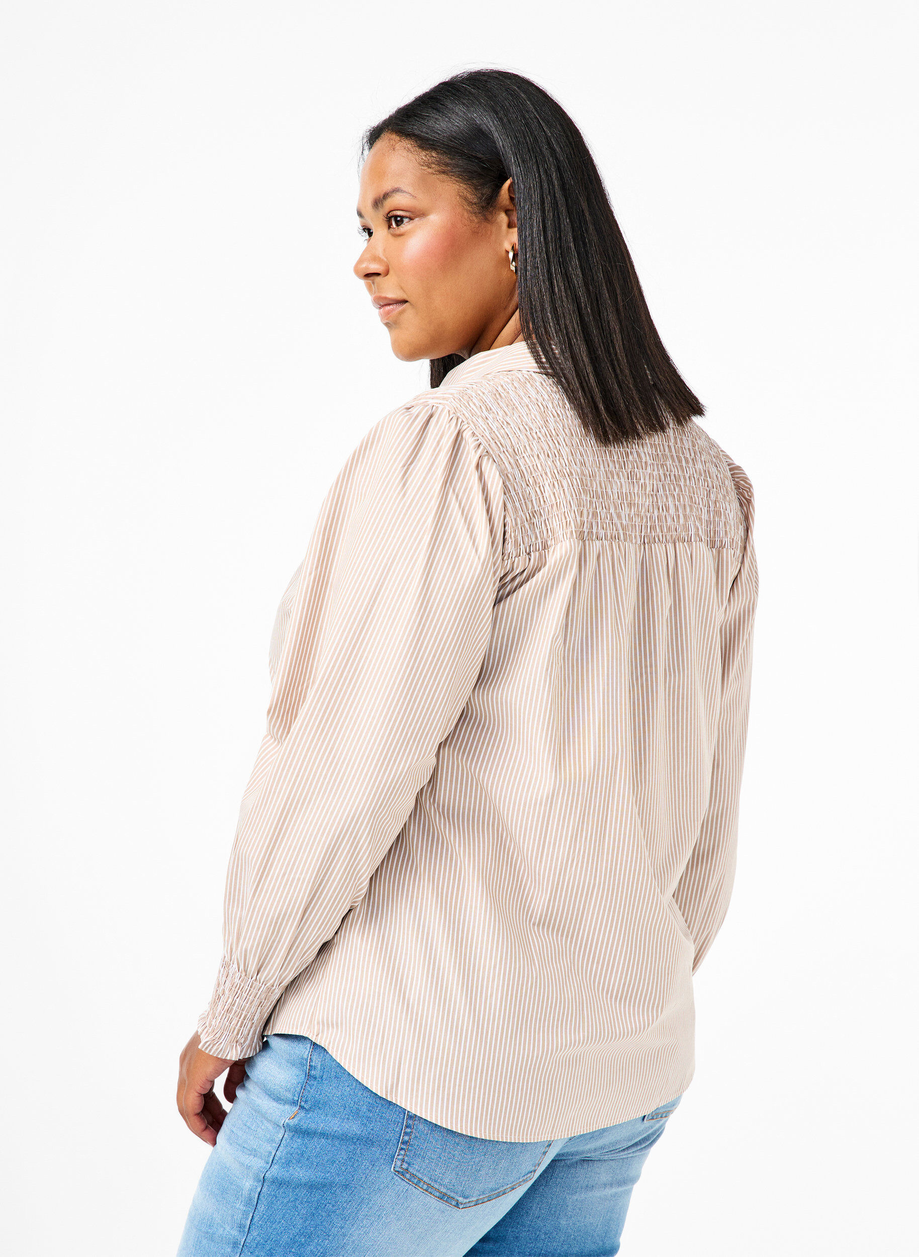 Zizzi Shirt met strepen en smok, Silver Mink Wh. St., Model image number 1