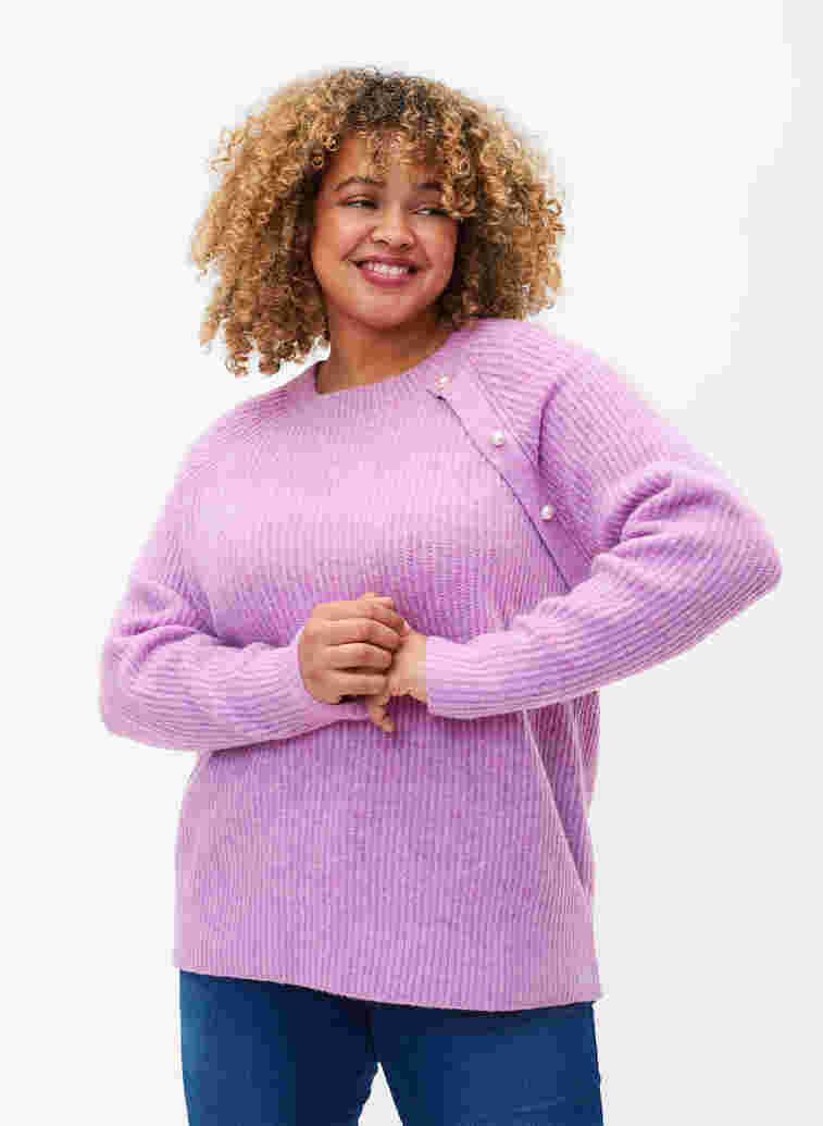 Gemêleerd gebreide trui met parelknopen, Purple Mel., Model image number 0