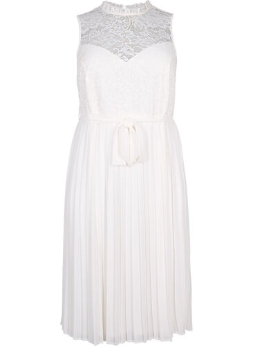 Mouwloze trouwjurk met kant en plissé, Bright White, Packshot image number 0