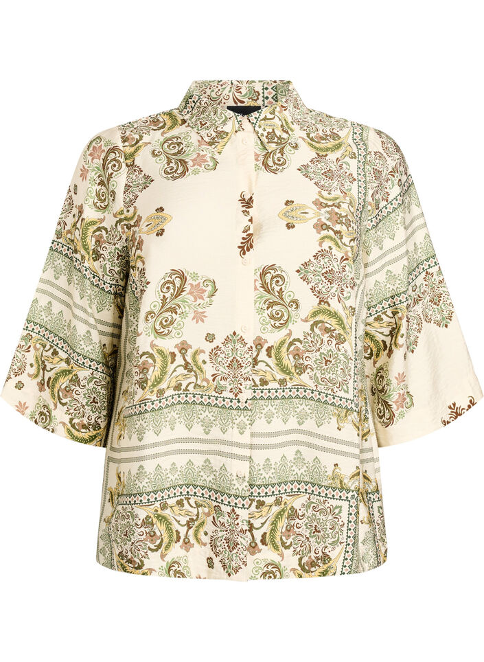Viscose blouse met 3/4-mouwen en patroon, Groen, Packshot image number 0