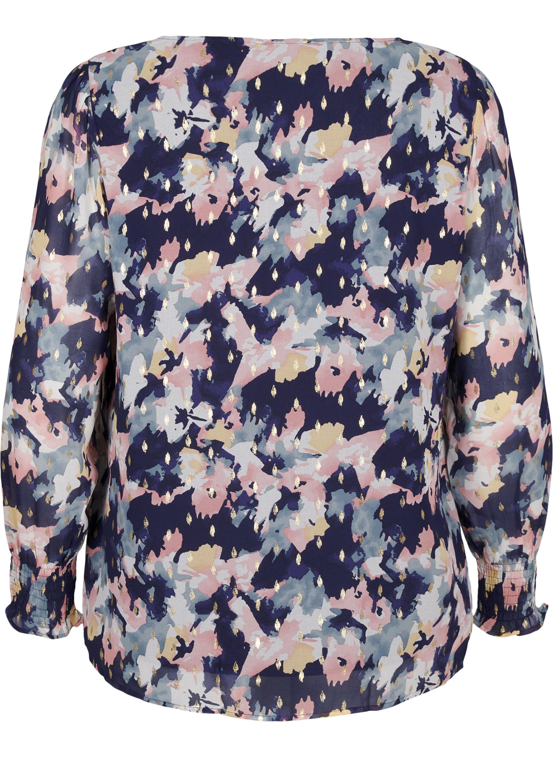 Zizzi Gebloemde blouse met lange mouwen en V-hals, Night Sky AOP Flower, Packshot image number 1