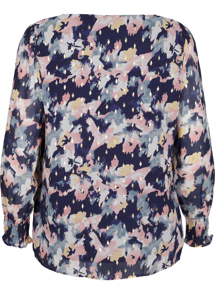 Gebloemde blouse met lange mouwen en V-hals, Night Sky AOP Flower, Packshot image number 1